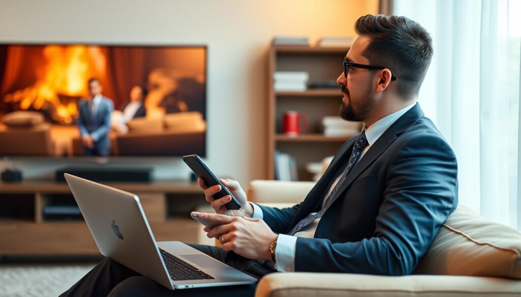 Generate an image of a person enjoying their favorite TV show on multiple devices simultaneously