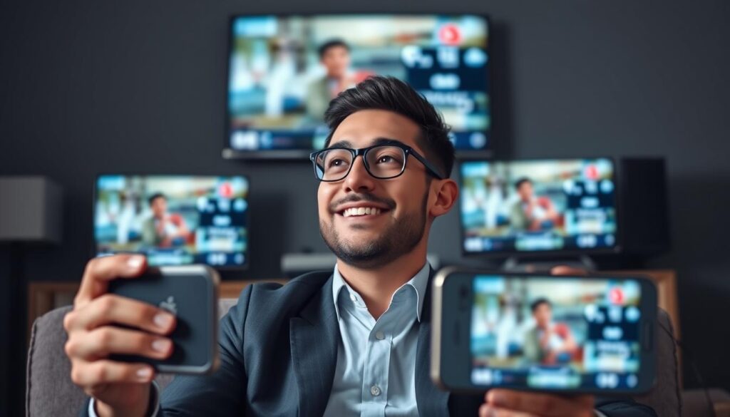 Generate an image of a person enjoying their favorite TV show on multiple devices simultaneously, with a satisfied expression.