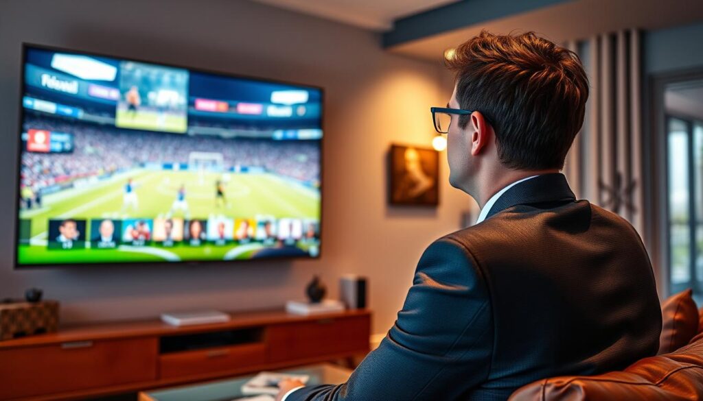 Generate an image of a person enjoying their favorite sports event on a large screen TV with multiple channels displayed.