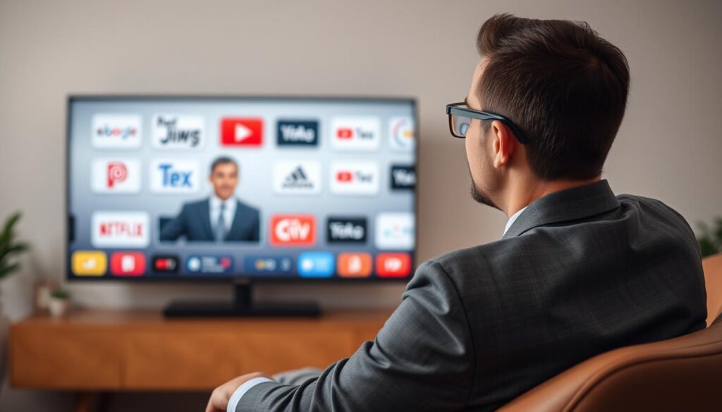 Generate an image of a person enjoying their favourite TV show on YouTube TV with a vast channel lineup in the background.