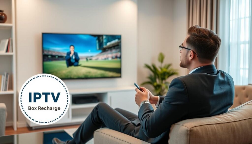 Generate an image of a person enjoying their favourite TV show on a high-definition screen with IPTV Box Recharge logo.