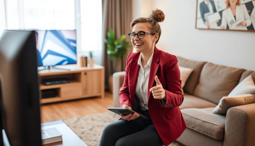 Generate an image of a person happily watching TV on a budget-friendly device.