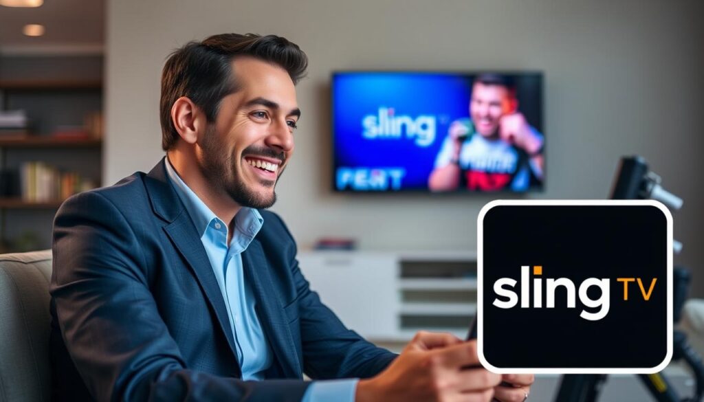 Generate an image of a person happily watching TV on their device, with a Sling TV logo in the corner. Generate an image of a person happily watching TV on their device, with a Sling TV logo in the corner.