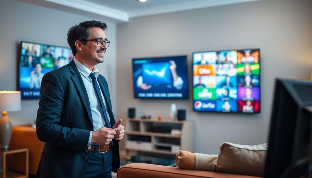 Generate an image of a person happily watching TV with a variety of channels on the screen