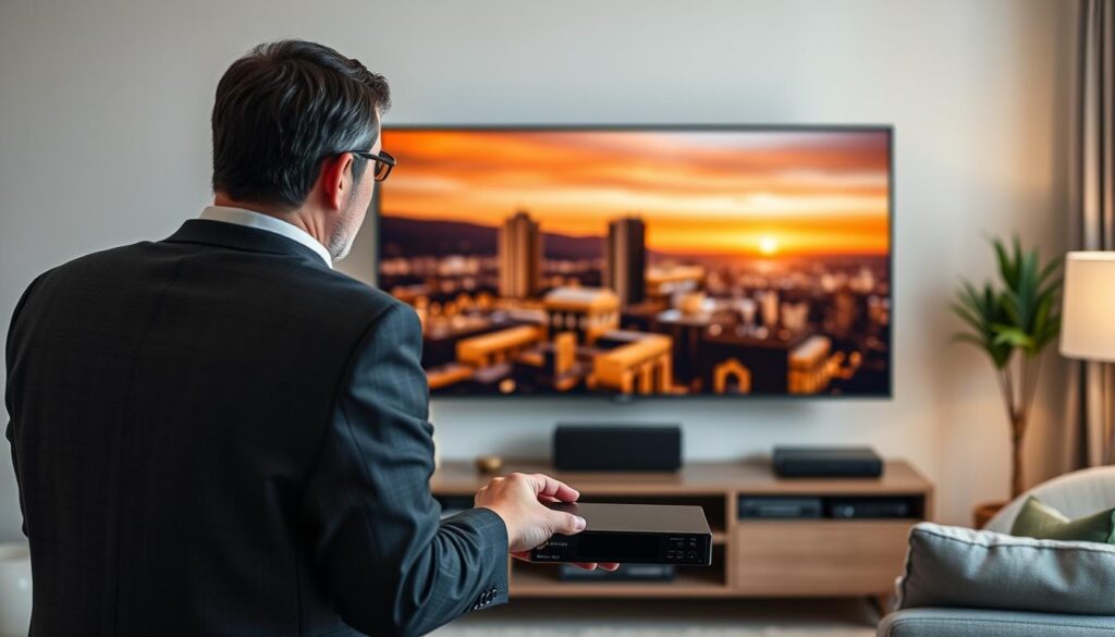Generate an image of a person setting up IPTV on a streaming device connected to a TV.