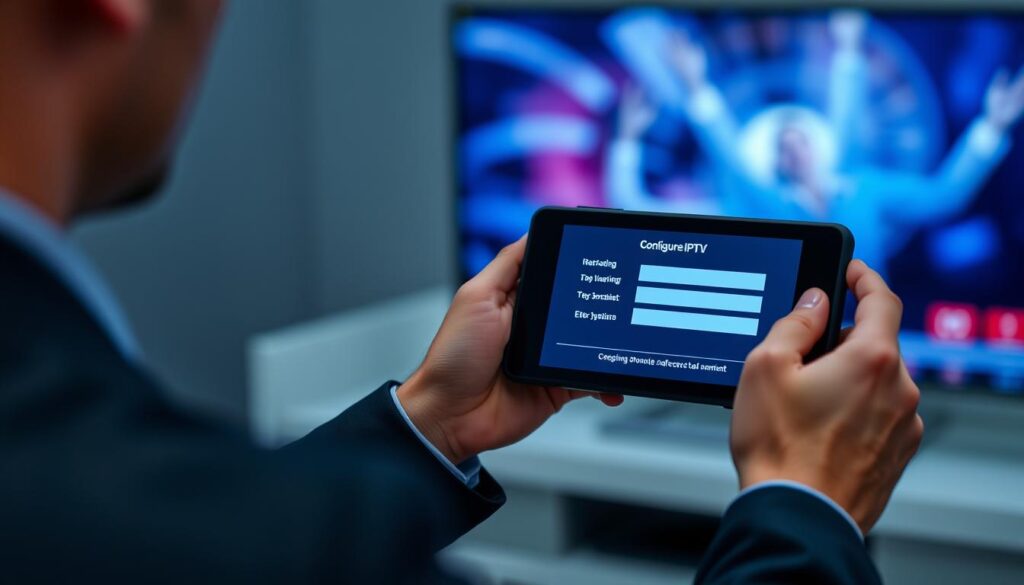 Generate an image of a person setting up IPTV on their device Generate an image of a person setting up IPTV on their device