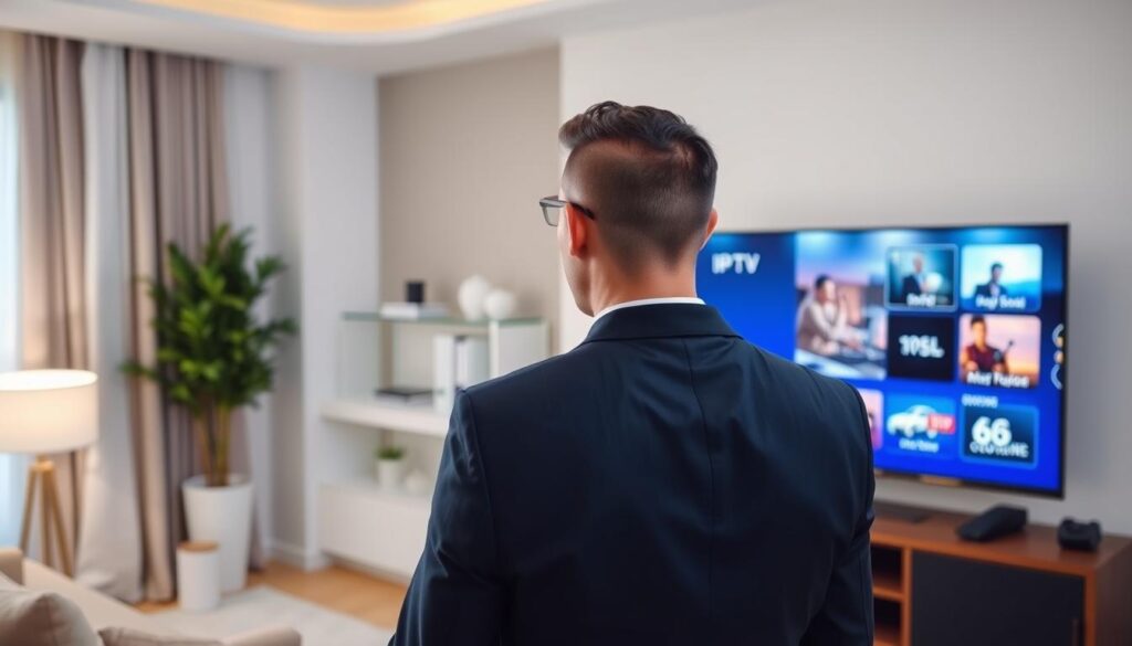 Generate an image of a person setting up an IPTV service on their TV