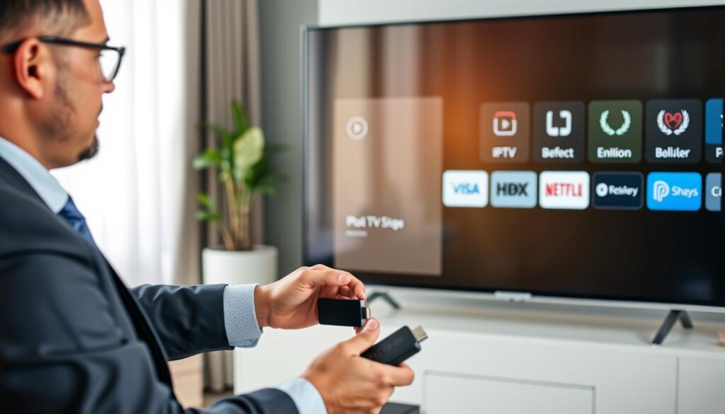 Generate an image of a person setting up an IPTV service on their TV using a Firestick