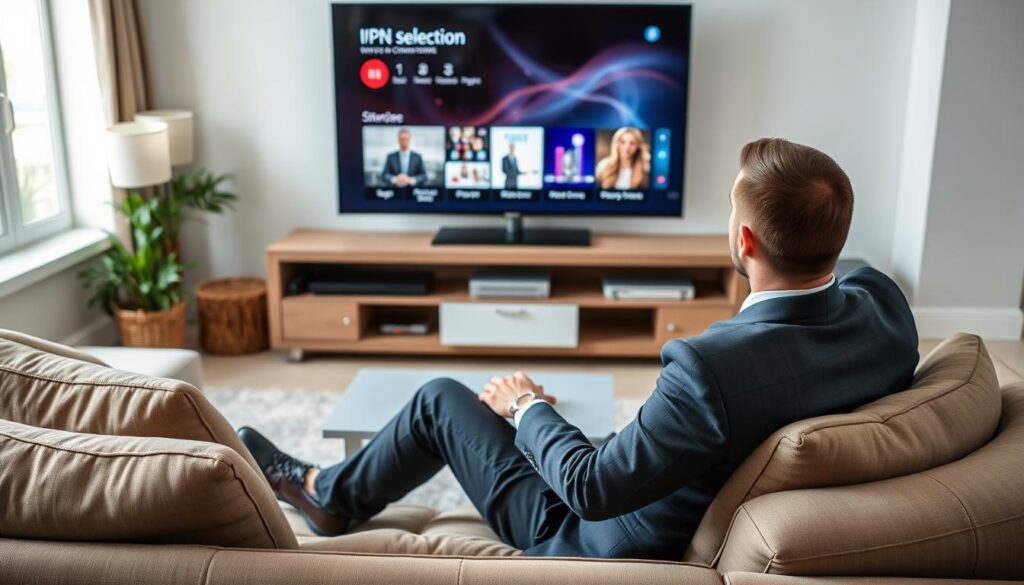 Generate an image of a person streaming IPTV content on a TV using a VPN.