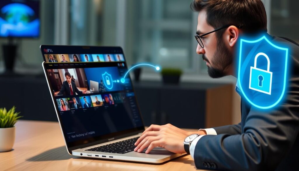 Generate an image of a person streaming IPTV content on a laptop with a VPN connection established, emphasizing privacy and security.