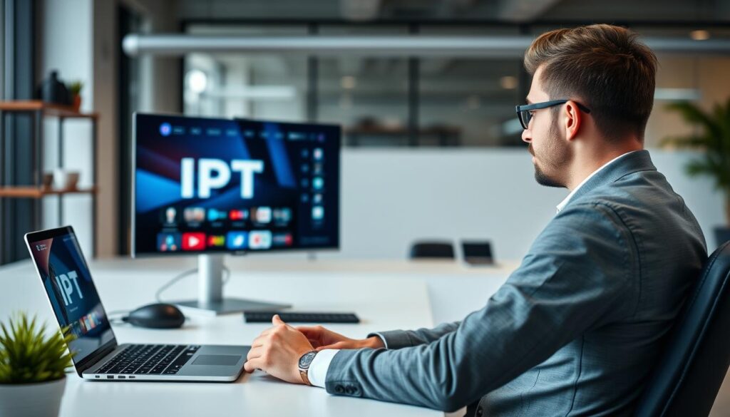 Generate an image of a person streaming IPTV content on a laptop with a VPN connection