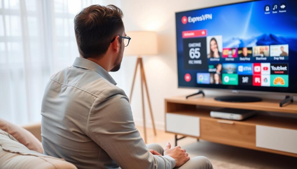 Generate an image of a person streaming IPTV content on a smart TV using ExpressVPN