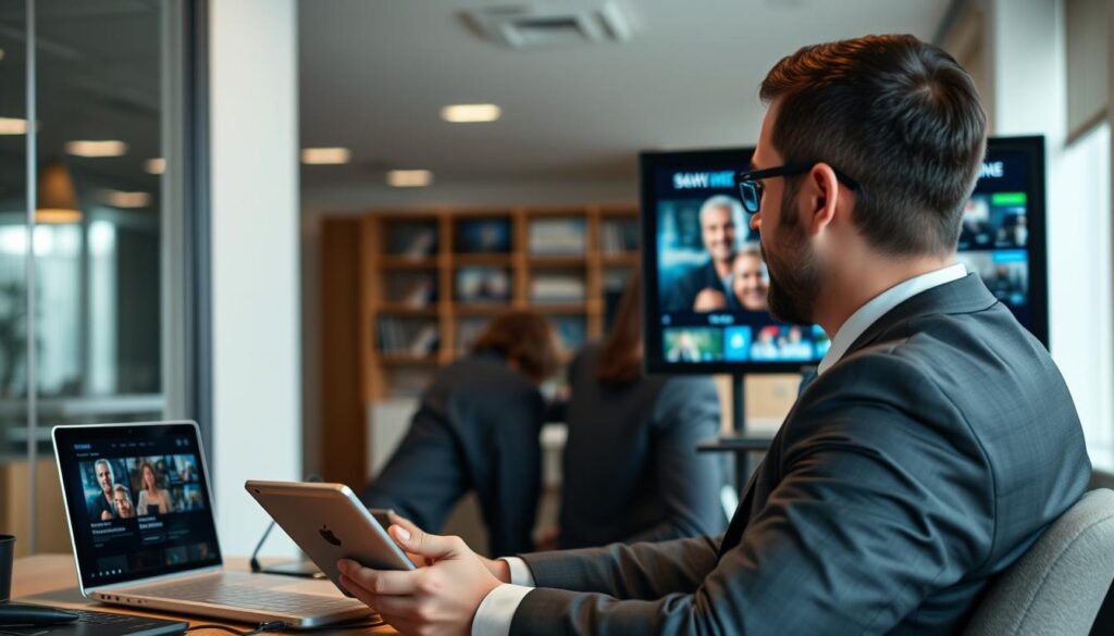 Generate an image of a person streaming IPTV content on multiple devices with a VPN connection.