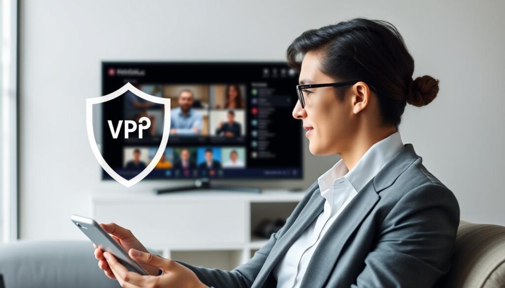 Generate an image of a person streaming content on a device with a VPN shield protecting their online activity.
