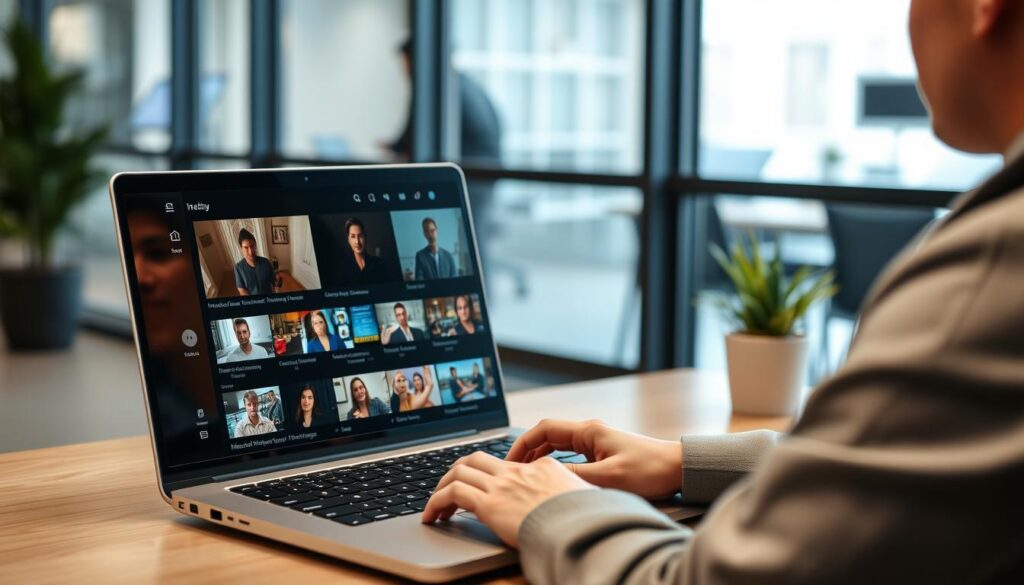 Generate an image of a person streaming content on a laptop using an online IPTV player. Generate an image of a person streaming content on a laptop using an online IPTV player.