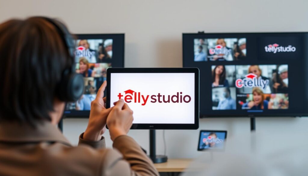 Generate an image of a person streaming content on multiple devices with Tellystudio logo Generate an image of a person streaming content on multiple devices with Tellystudio logo