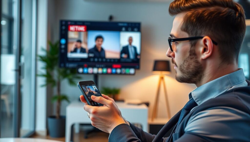 Generate an image of a person streaming premium content on IPTVtune Generate an image of a person streaming premium content on IPTVtune