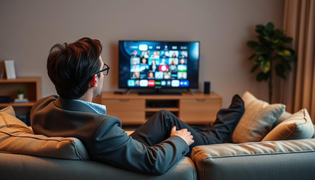 Generate an image of a person streaming their favorite TV show on a smart TV using IPTV Pro Player.