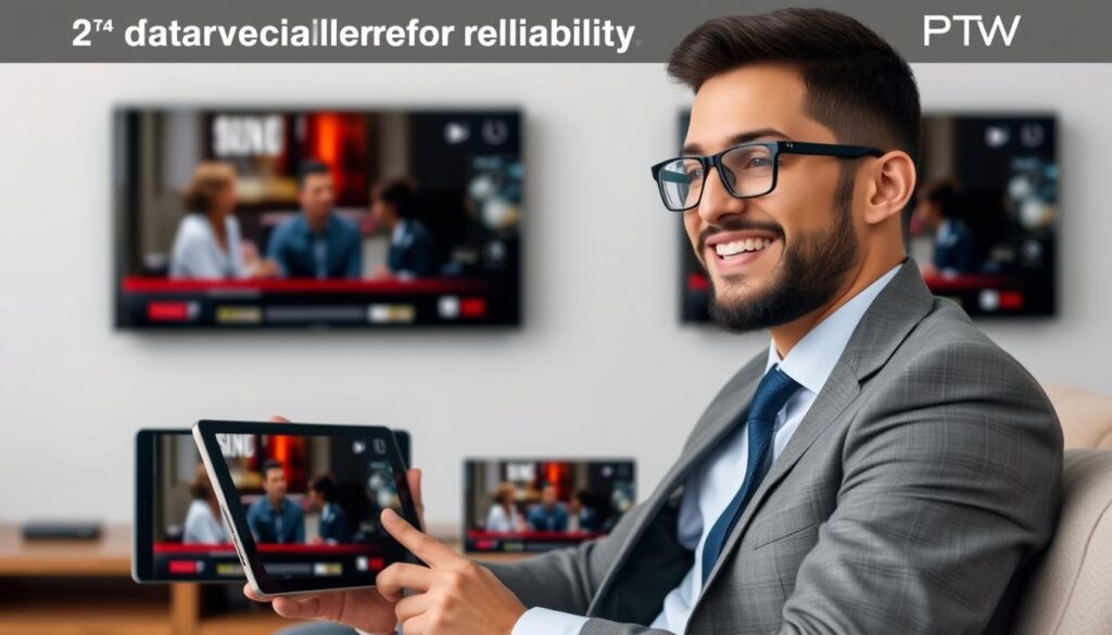 Generate an image of a person streaming their favorite show on multiple devices with a satisfied expression, highlighting the reliability of SYNC IPTV. Generate an image of a person streaming their favorite show on multiple devices with a satisfied expression, highlighting the reliability of SYNC IPTV.