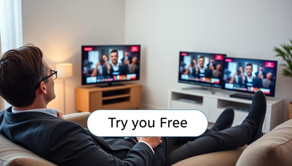 Generate an image of a person streaming their favorite show on multiple devices with a "Try for Free" button overlay.