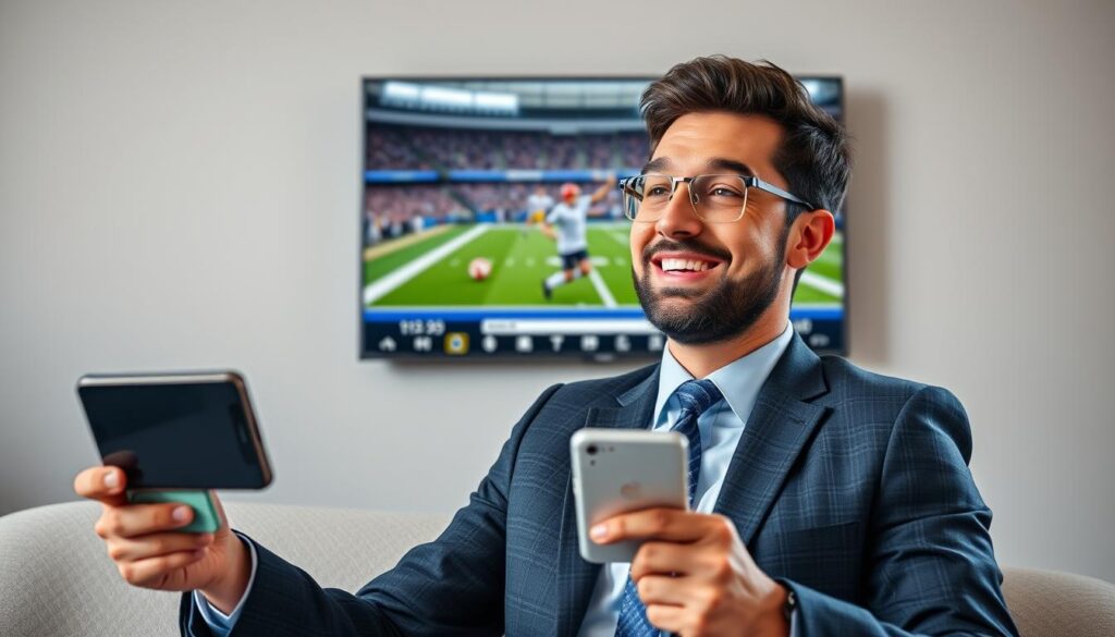 Generate an image of a person streaming their favorite sports channel on multiple devices with a satisfied expression.