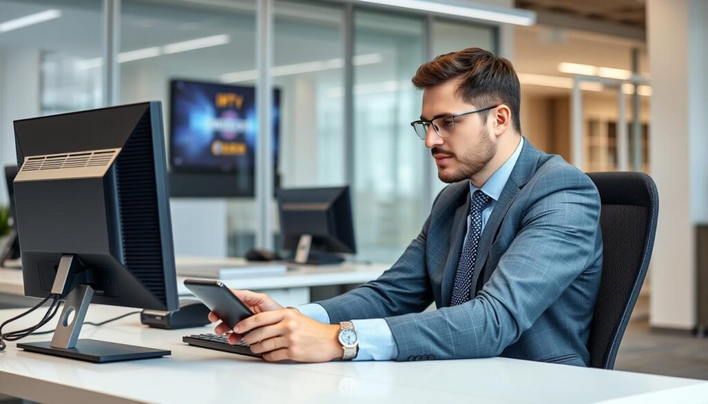 Generate an image of a person troubleshooting IPTV streaming issues on their device.