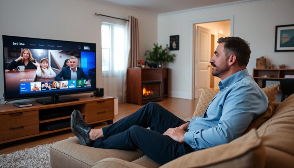 Generate an image of a person using Bell Fibe TV on their living room TV