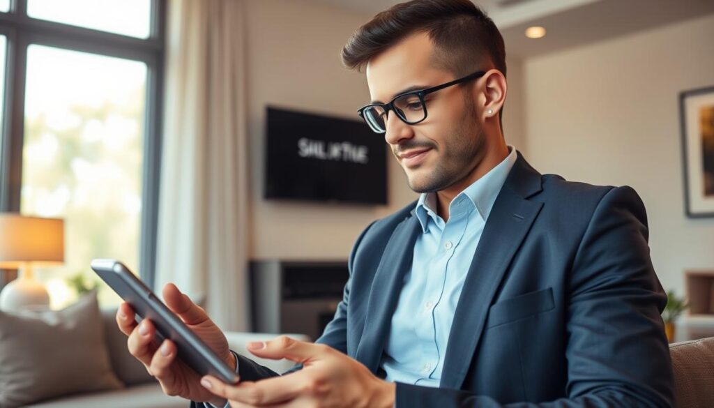 Generate an image of a person using ShipinCanada.com IPTV service on their device