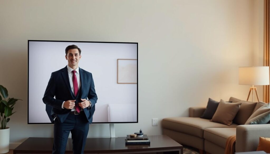 Generate an image of a person using Videotron Helix on their TV