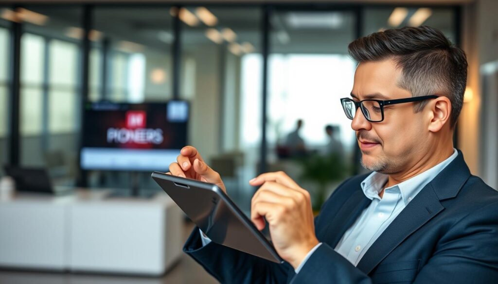 Generate an image of a person using a tablet to access Pioneers TV IPTV service.