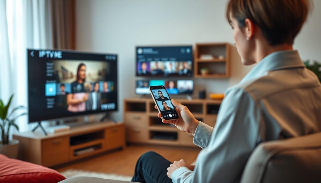 Generate an image of a person using an IPTV app on their smart TV