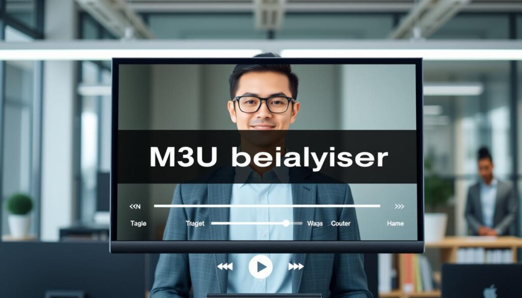 Generate an image of a person using an M3U playlist player on a media device.