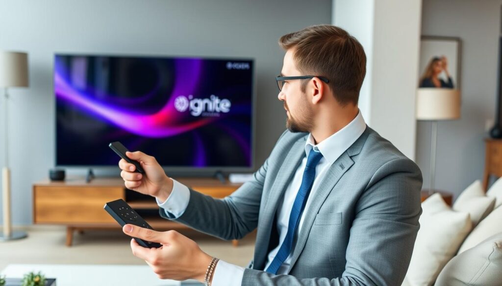 Generate an image of a person using the voice-controlled remote of Rogers Ignite TV