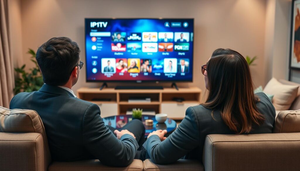 Generate an image of a person watching IPTV on a large screen TV with multiple channels displayed.