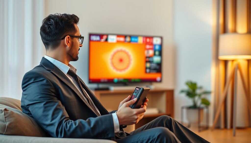 Generate an image of a person watching Indian TV channels on their device in the USA.