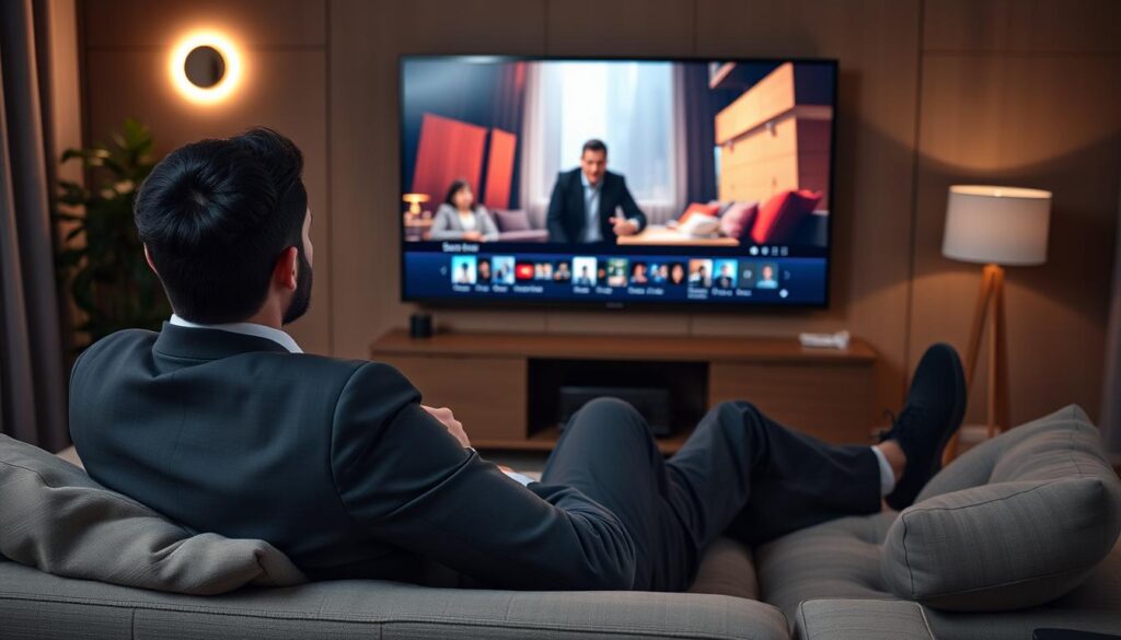 Generate an image of a person watching Netflix on a smart TV.