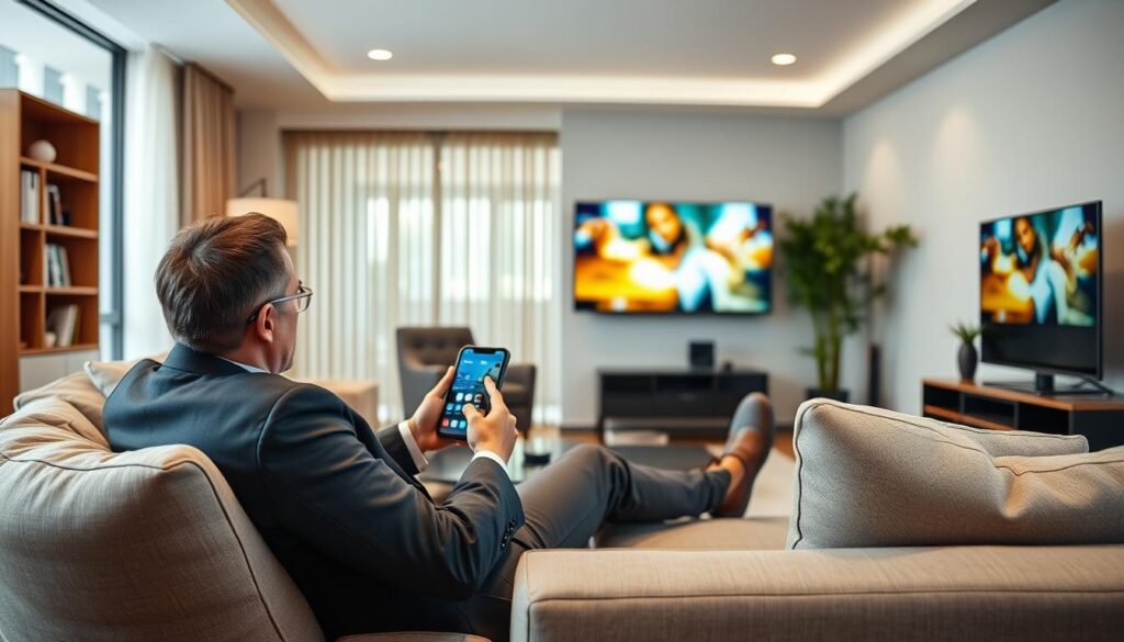 Generate an image of a person watching TV on multiple devices.