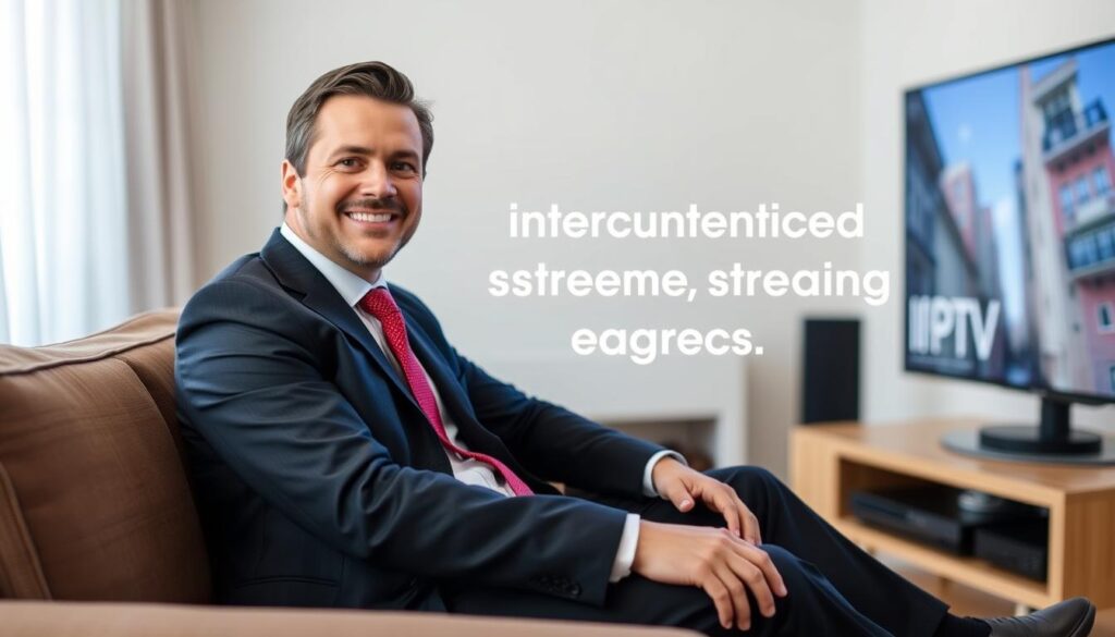 Generate an image of a person watching TV with a clear screen and a satisfied expression, symbolizing uninterrupted streaming with IPTV Quebec.