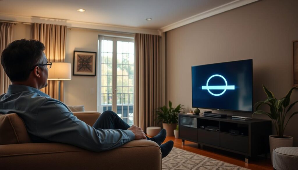 Generate an image of a person watching TV with a zero-buffering symbol on the screen, representing TiVistation's reliable service.