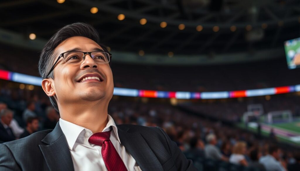 Generate an image of a person watching a live sports event with a satisfied expression, highlighting the quality of the stream.