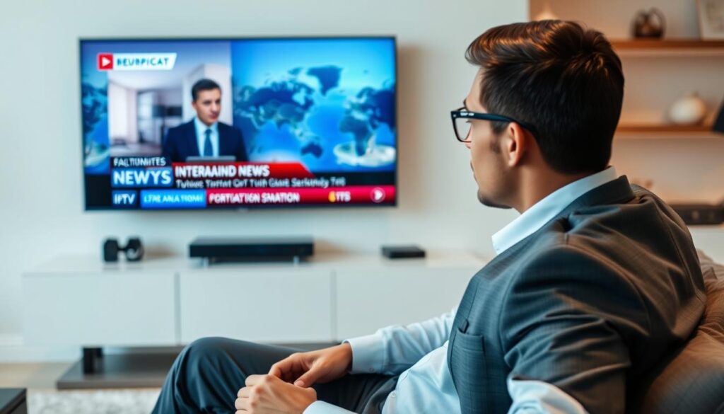 Generate an image of a person watching international news on IPTV