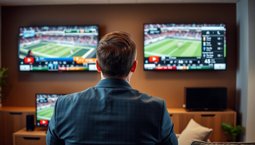 Generate an image of a person watching multiple sports games on different screens with a DVR interface on the screen. Generate an image of a person watching multiple sports games on different screens with a DVR interface on the screen.