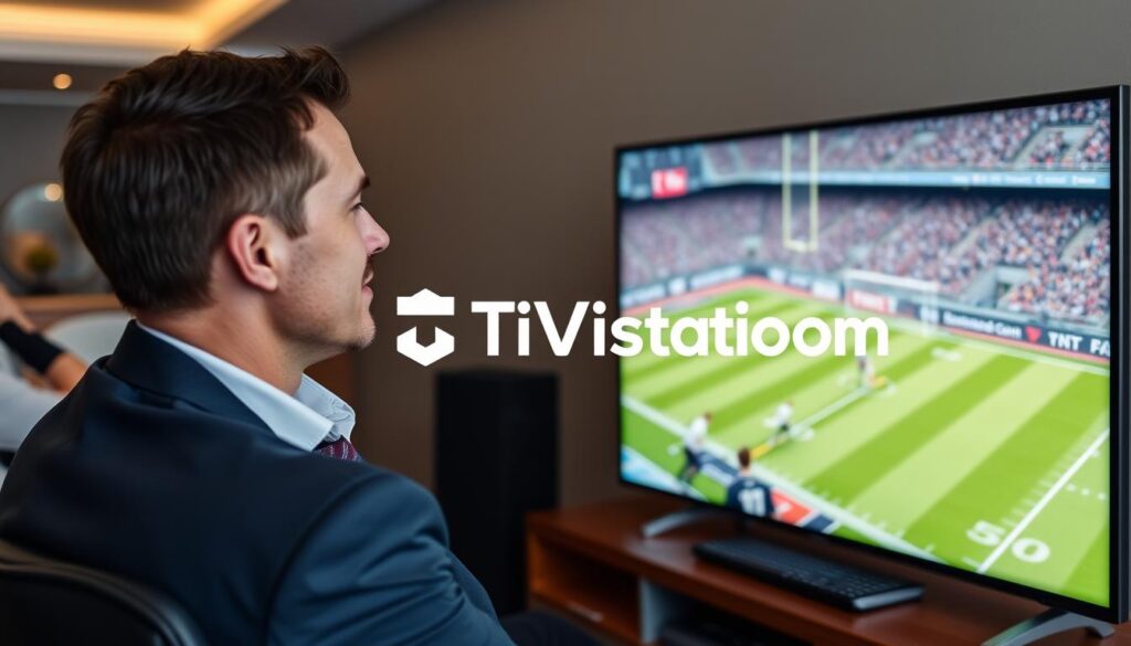Generate an image of a person watching sports on TV with TiVistation logo Generate an image of a person watching sports on TV with TiVistation logo