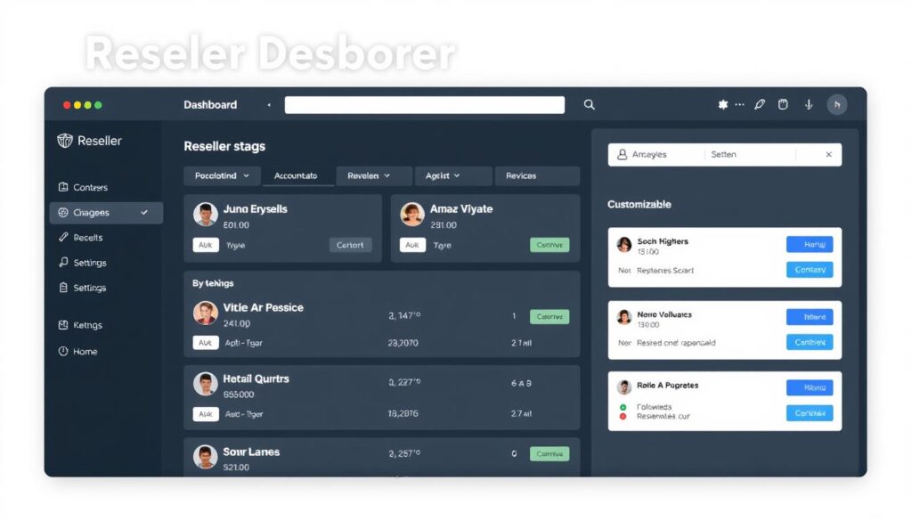 Generate an image of a reseller dashboard with multiple user accounts and customizable settings.