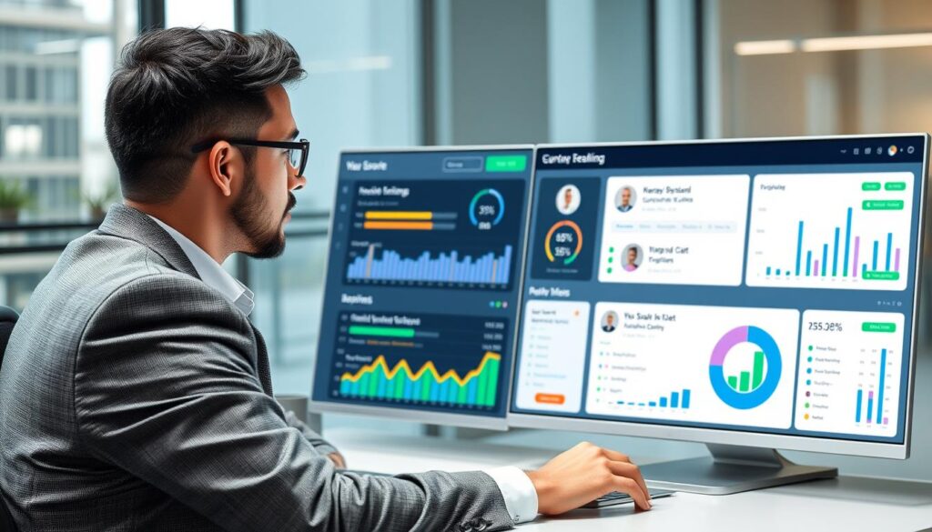 Generate an image of a reseller managing multiple customer accounts on a sleek, modern dashboard.