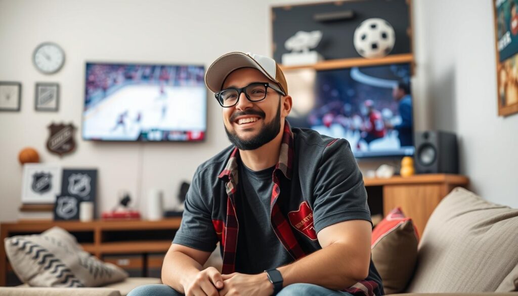 Generate an image of a sports enthusiast watching a live NHL game on their TV with a satisfied expression.