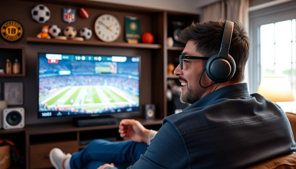 Generate an image of a sports enthusiast watching a live game on their TV using IPTV Gear.