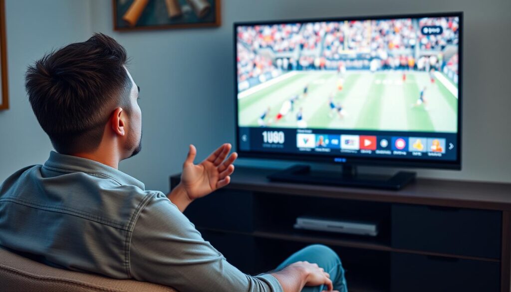 Generate an image of a sports enthusiast watching a live game on their TV with a Fubo TV interface on the screen.