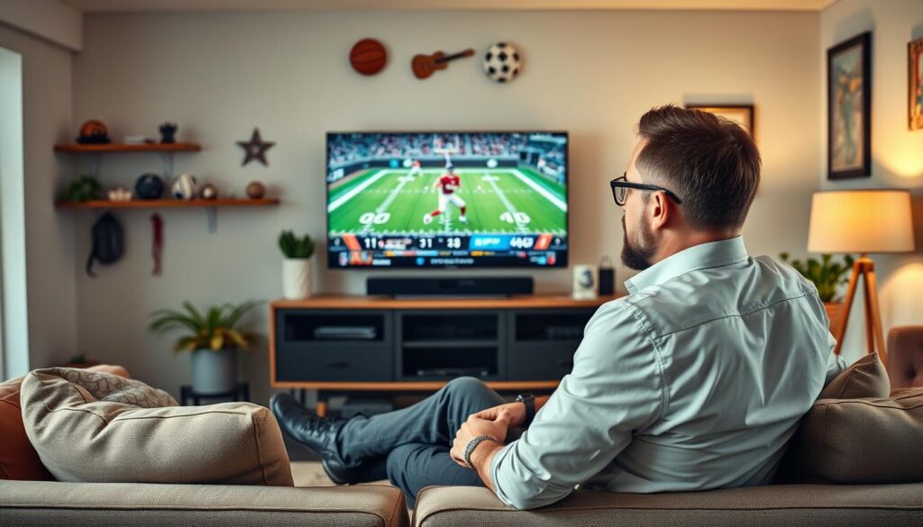 Generate an image of a sports enthusiast watching a live sports event on IPTV