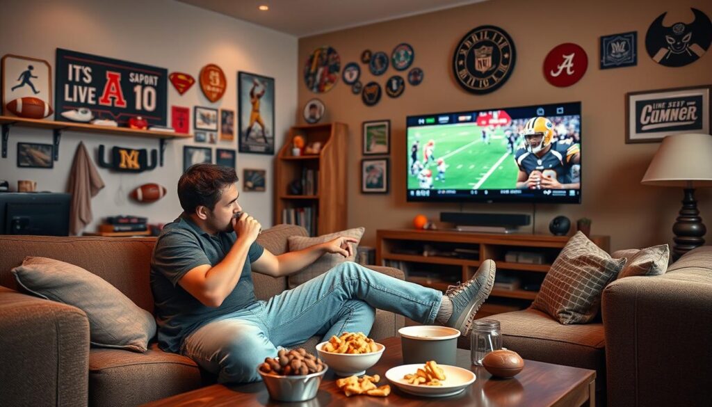 Generate an image of a sports enthusiast watching live sports on Fubo TV. Generate an image of a sports enthusiast watching live sports on Fubo TV.